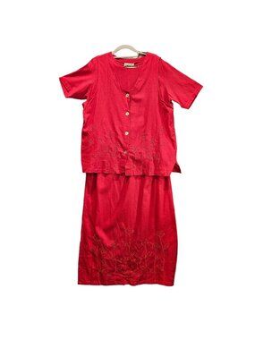 country wear casuals maxi skirt set womens L Pink linen shirt vest maxi skirt